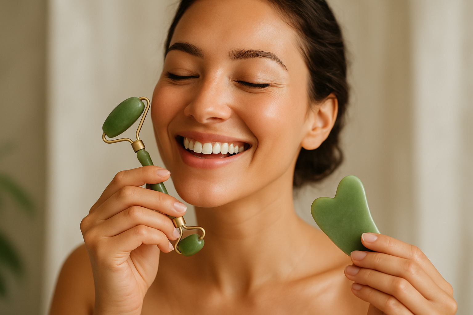 Woman using jade roller on her face, in another hand she hold a gua sha, she has a nice smile on her face